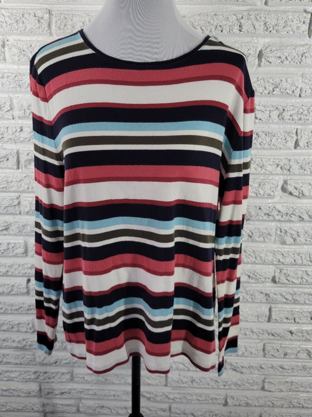 Talbots XL T-Shirt Multicolor Stripe Long Sleeve Crew Neck 100% Cotton STR205E